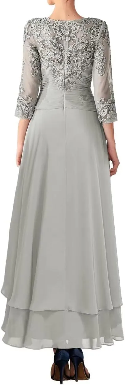 Lace Appliques Mother of The Bride Dresses for Wedding Long Sleeve Chiffon High Low Evening Gowns for Women Formal