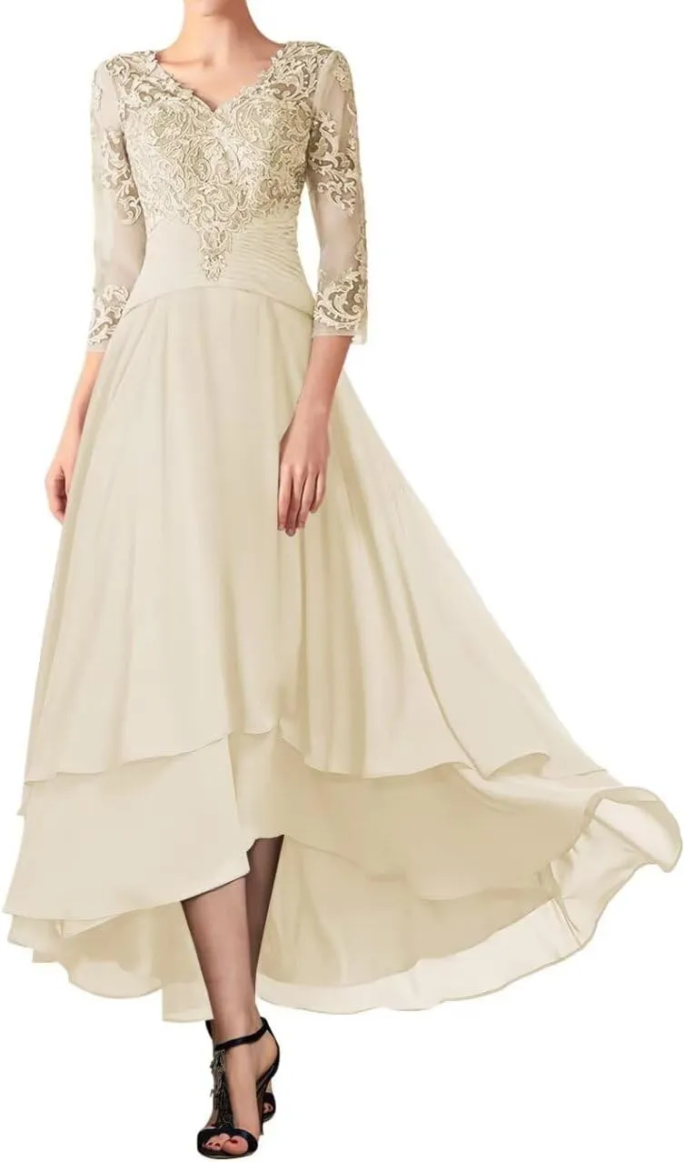 Lace Appliques Mother of The Bride Dresses for Wedding Long Sleeve Chiffon High Low Evening Gowns for Women Formal