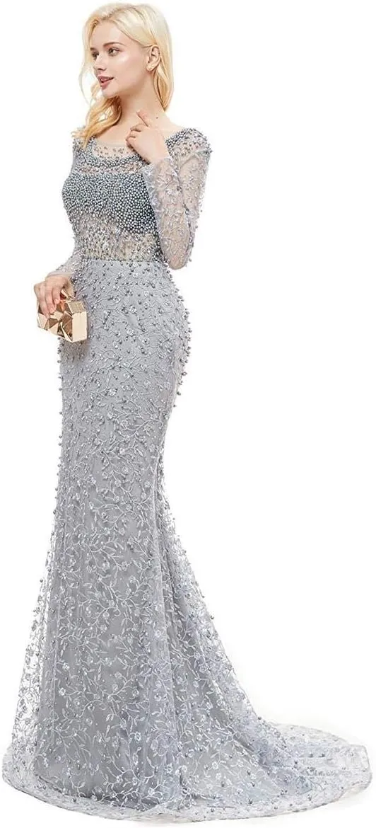 Lace Pearl Mermaid Sexy Backless Party Prom Gown Bridal Long Sleeve Pageant Evening Dresses