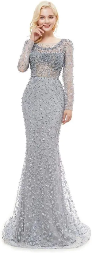 Lace Pearl Mermaid Sexy Backless Party Prom Gown Bridal Long Sleeve Pageant Evening Dresses
