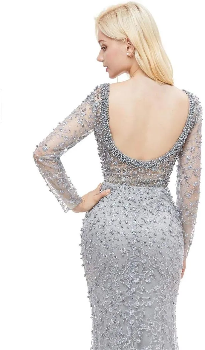 Lace Pearl Mermaid Sexy Backless Party Prom Gown Bridal Long Sleeve Pageant Evening Dresses
