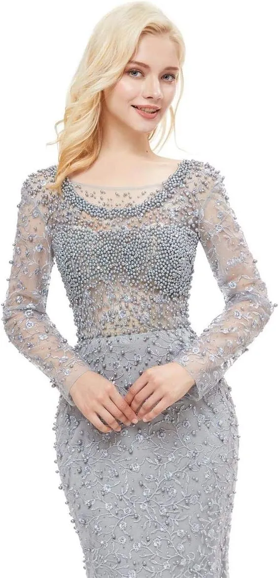 Lace Pearl Mermaid Sexy Backless Party Prom Gown Bridal Long Sleeve Pageant Evening Dresses