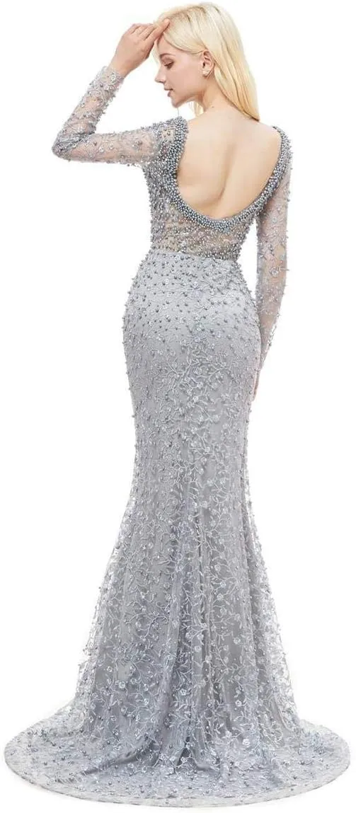 Lace Pearl Mermaid Sexy Backless Party Prom Gown Bridal Long Sleeve Pageant Evening Dresses