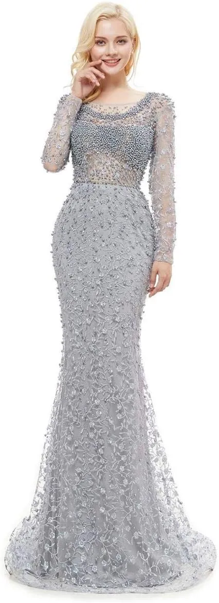 Lace Pearl Mermaid Sexy Backless Party Prom Gown Bridal Long Sleeve Pageant Evening Dresses