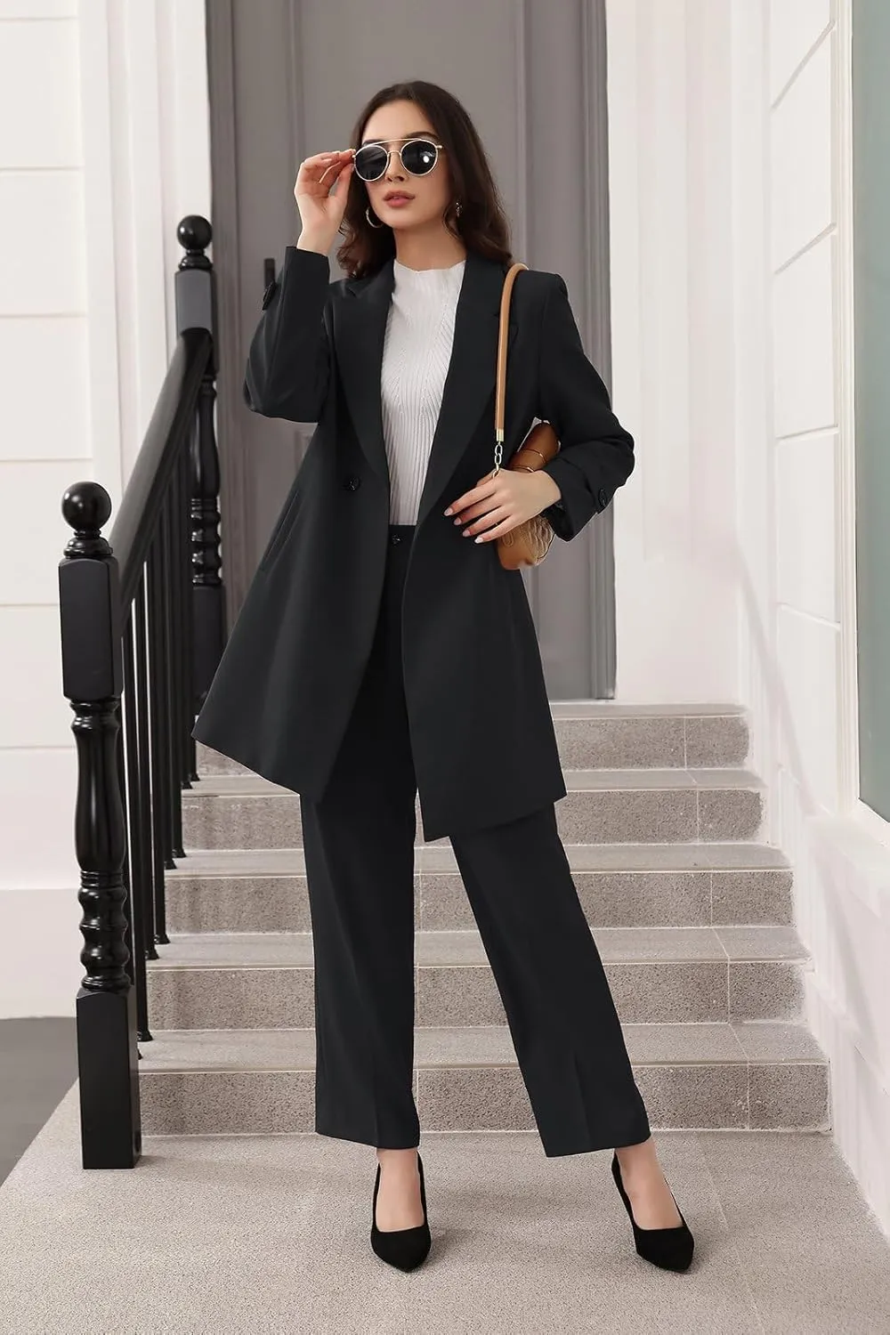 Lamgool Women's Suit 2 Piece Long Blazer Set Ladies Jacket Pantsuit Casual Outfits for Fall