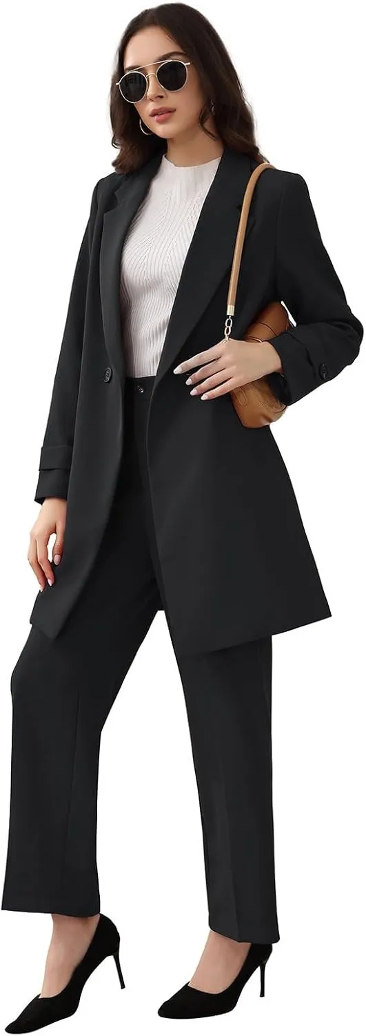 Lamgool Women's Suit 2 Piece Long Blazer Set Ladies Jacket Pantsuit Casual Outfits for Fall