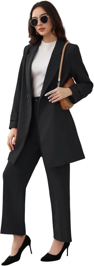 Lamgool Women's Suit 2 Piece Long Blazer Set Ladies Jacket Pantsuit Casual Outfits for Fall