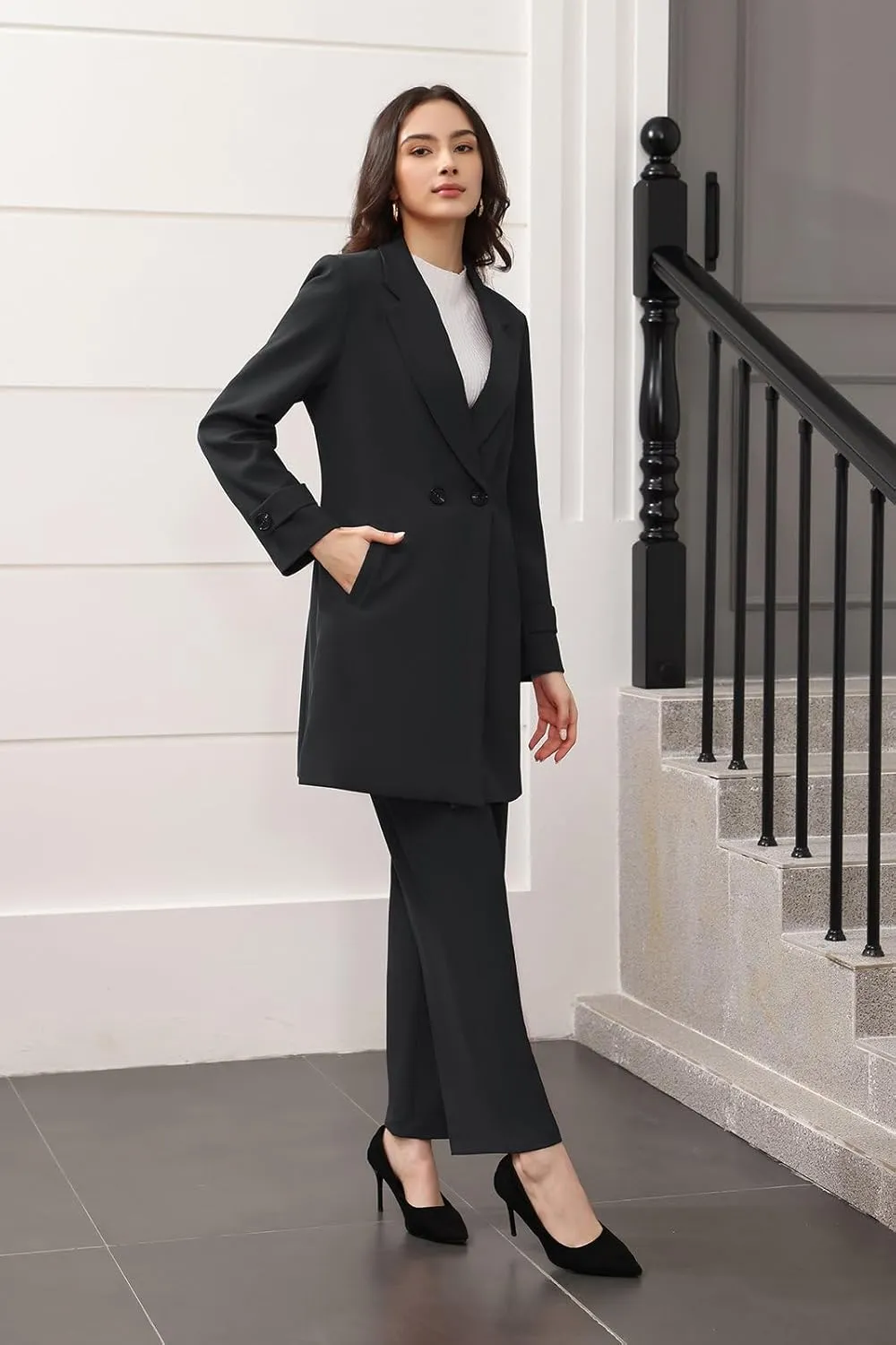 Lamgool Women's Suit 2 Piece Long Blazer Set Ladies Jacket Pantsuit Casual Outfits for Fall