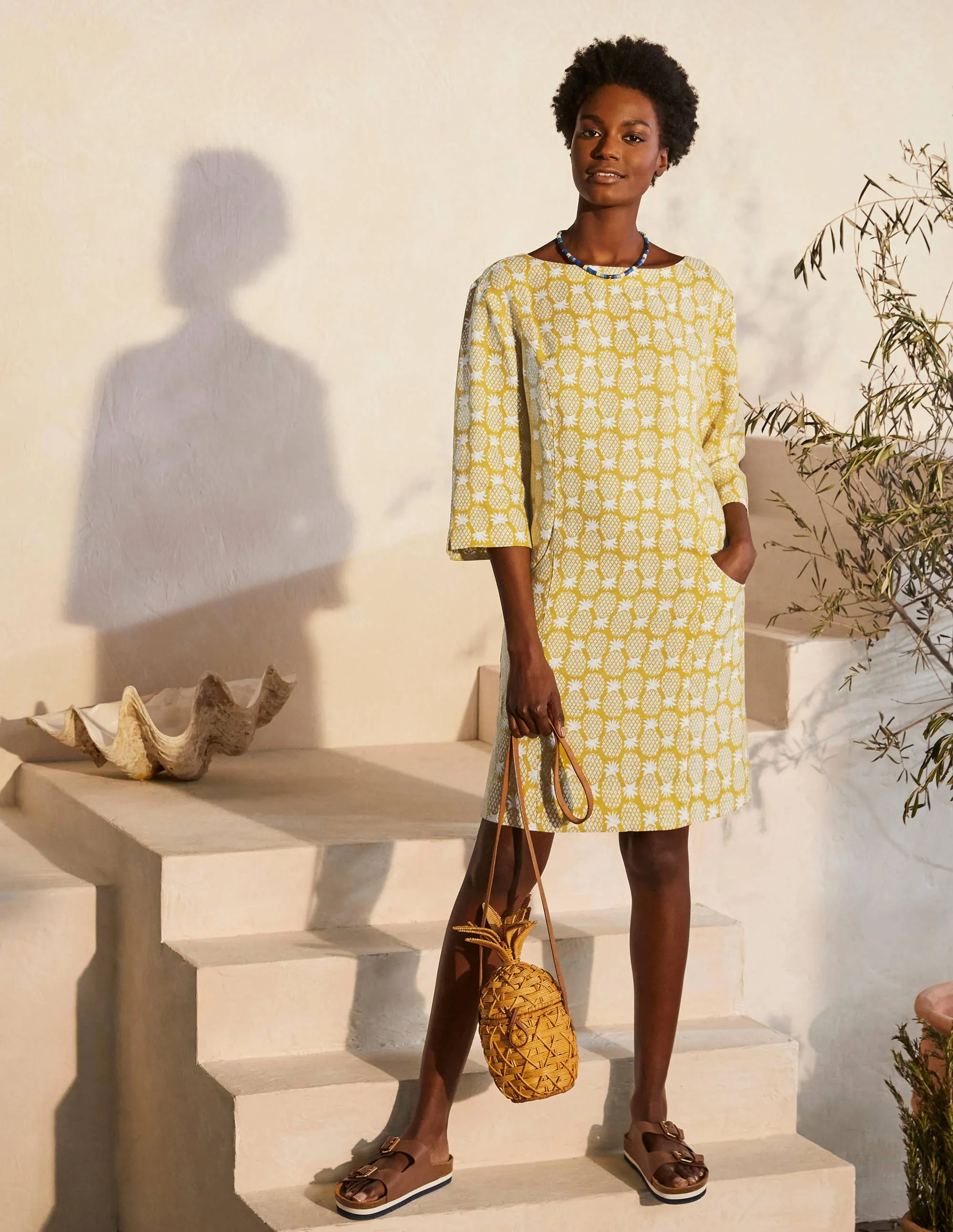 Laurie Linen Dress-Chartreuse, Pineapple Geo