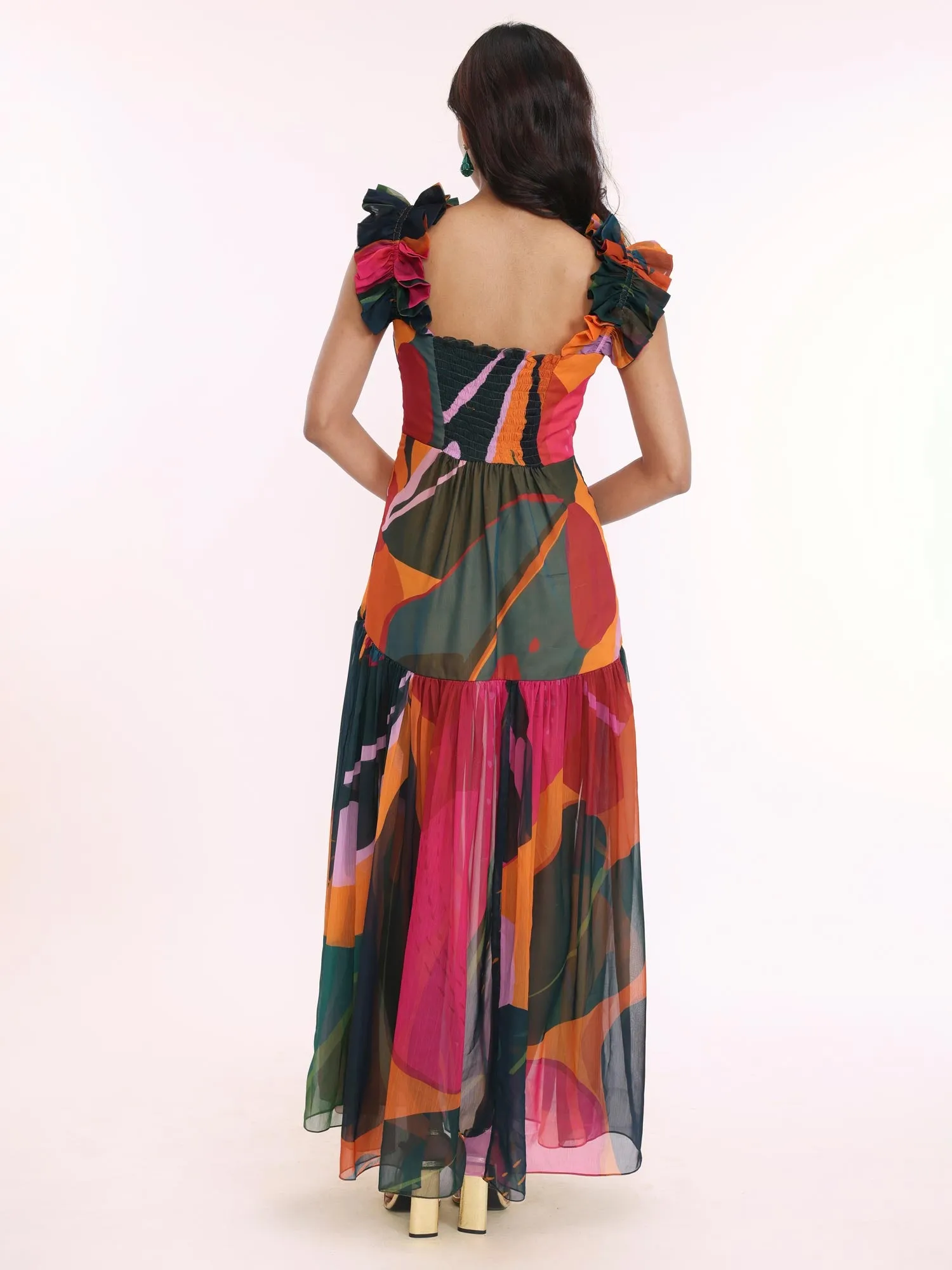 Leafy Printed Ruffled Sleeves Maxi Dress