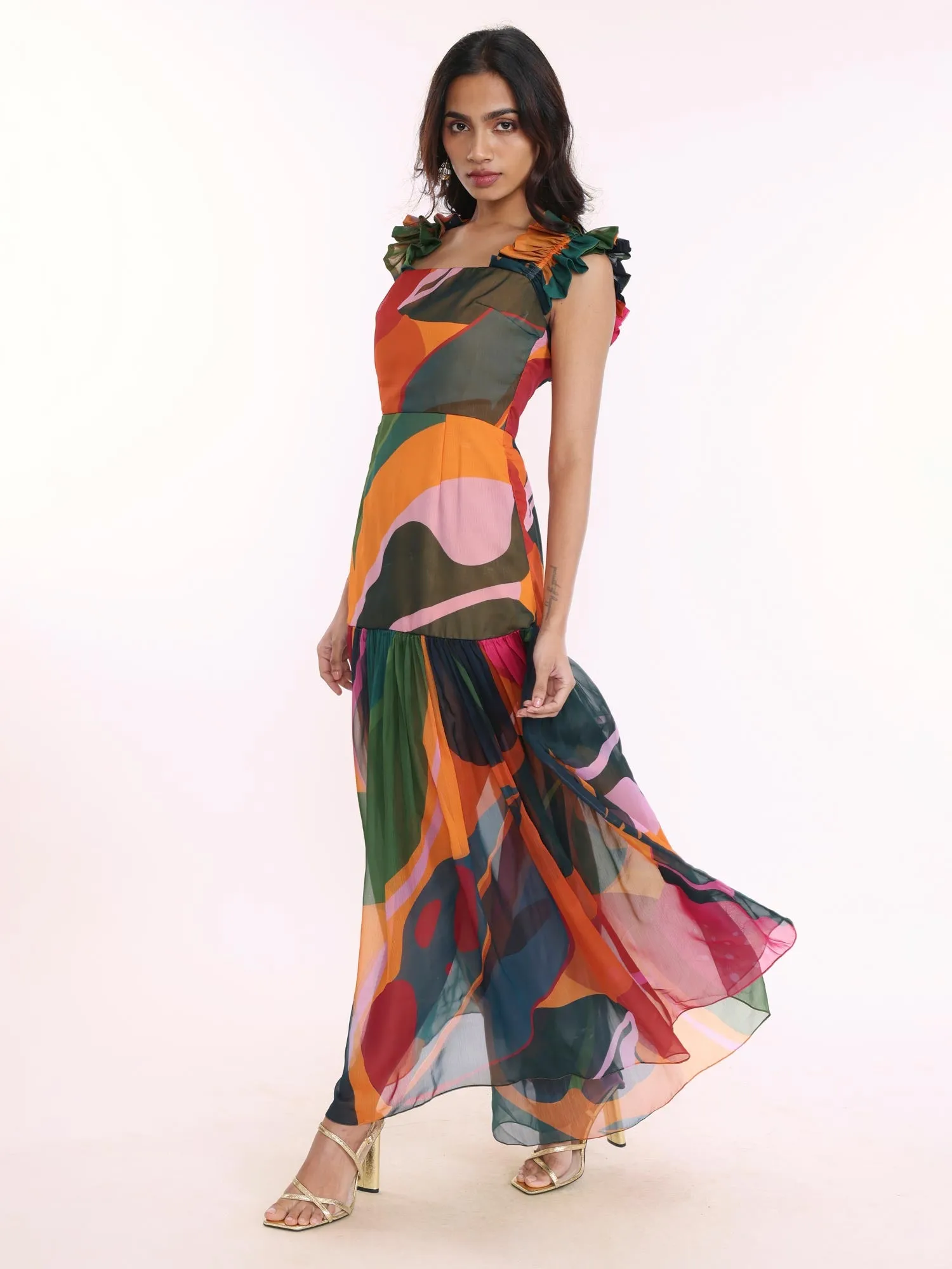 Leafy Printed Ruffled Sleeves Maxi Dress