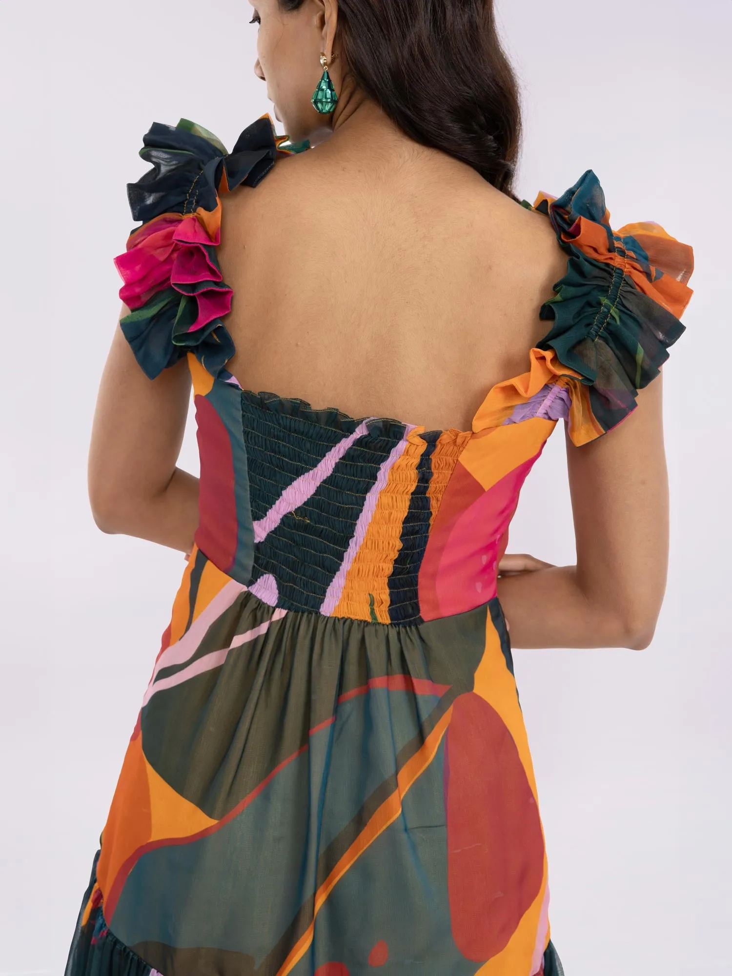 Leafy Printed Ruffled Sleeves Maxi Dress
