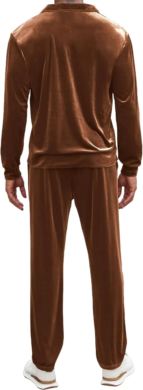 LecGee Men's 2 Piece Long Sleeve Tracksuit Velvet Quarter Zip Shirt Elastic Pant Velour Fall Casual Outfit Sweatsuit Set