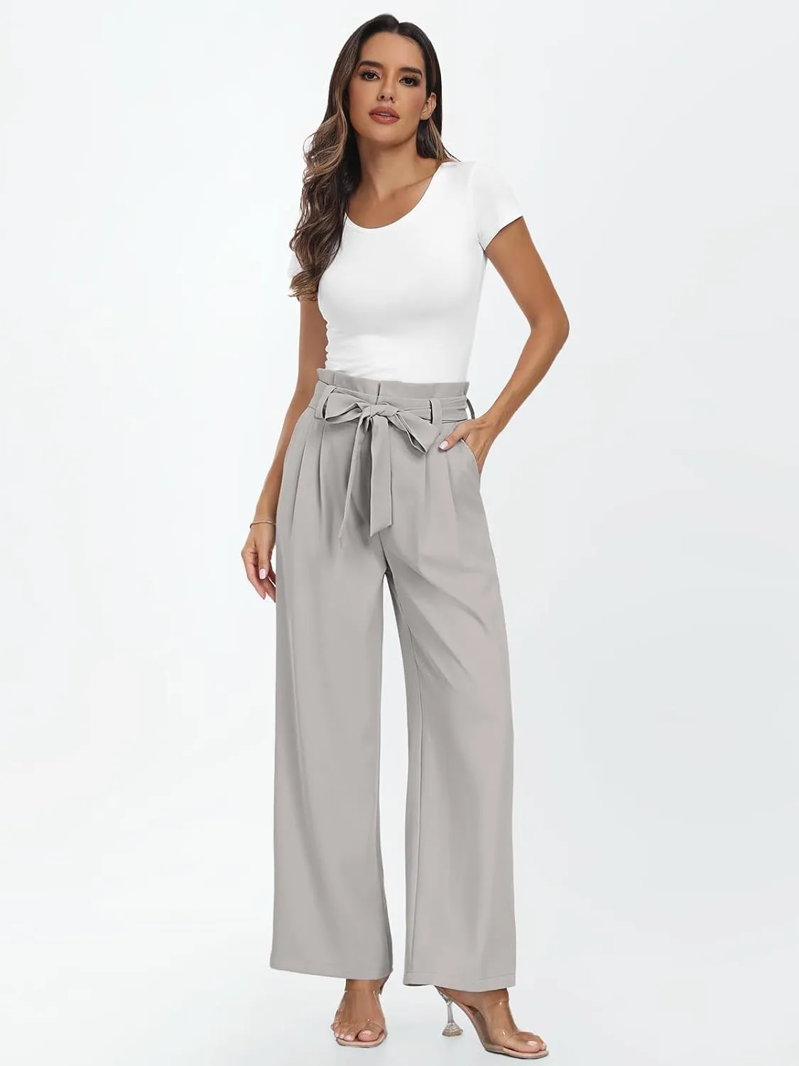 LILLUSORY Wide Leg Dress Pants Women's Paperbag High Waisted Business Casual Trousers with Removable Belt