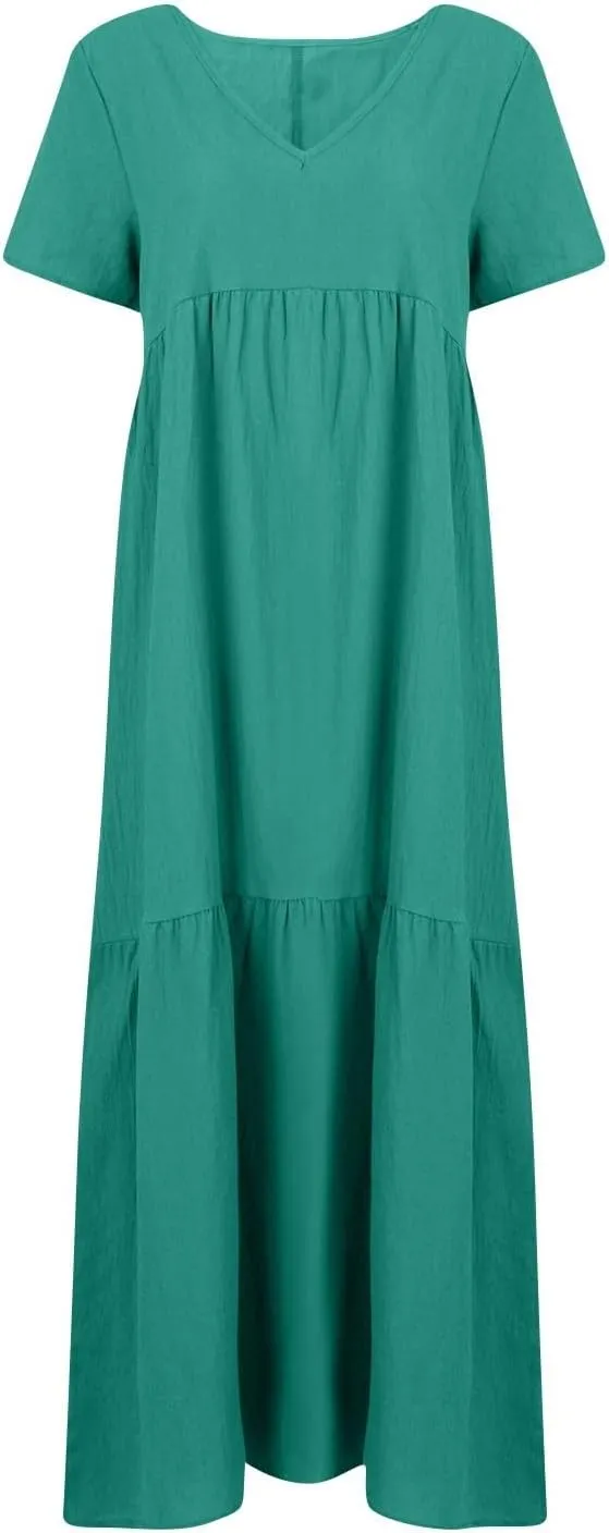 Linen Maxi Dresses for Women 2025 Plus Size Short Sleeve Tiered Long Gauze Dress Loose Comfy V Neck Beach Flowy Dress