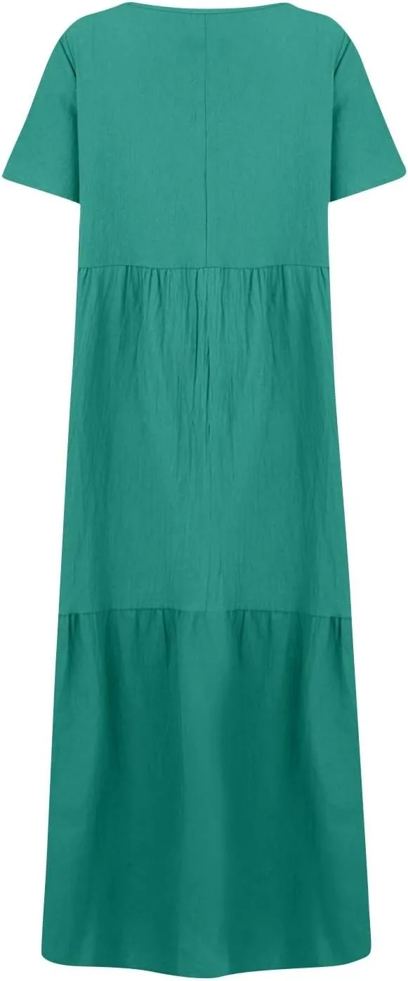 Linen Maxi Dresses for Women 2025 Plus Size Short Sleeve Tiered Long Gauze Dress Loose Comfy V Neck Beach Flowy Dress
