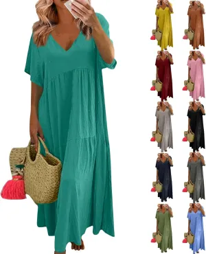 Linen Maxi Dresses for Women 2025 Plus Size Short Sleeve Tiered Long Gauze Dress Loose Comfy V Neck Beach Flowy Dress
