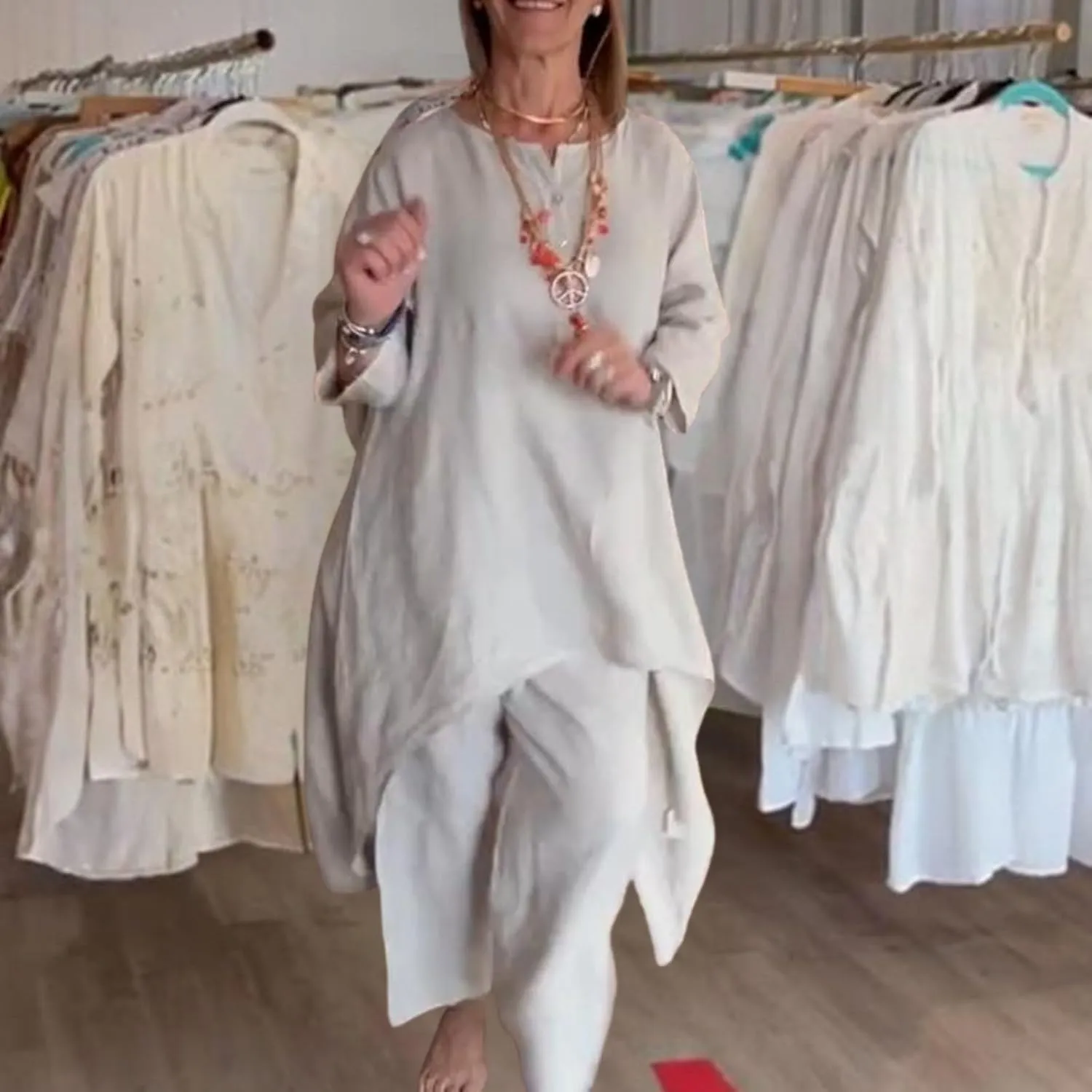 Linen Outfits for Women Two Piece Linen Sets Linen Pant Suits Casual 3/4 Sleeve Maxi Dress Wide Leg Linen Pants Sets