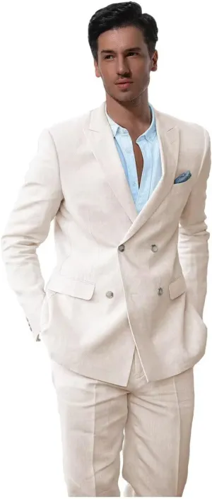 Linen Suits for Men Summer Regular Fit Double Breasted Tuxedos Casual Peak Lapel Blazer Pants for Business Wedding