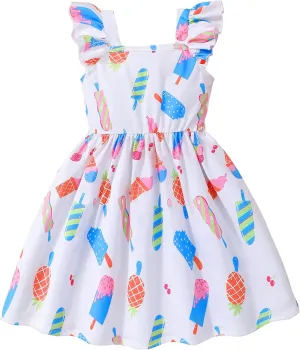 Little Girls Summer Dresses Square Neck Ruffle Flutter Sleeve Kids Toddler Unicorn Casual A-Line Swing Sundress 2-8 Years