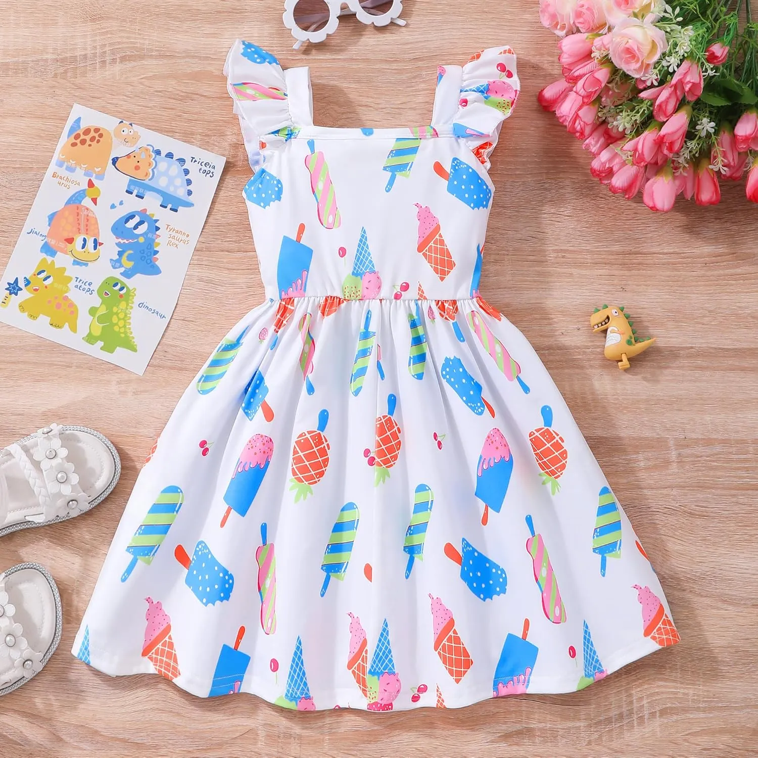 Little Girls Summer Dresses Square Neck Ruffle Flutter Sleeve Kids Toddler Unicorn Casual A-Line Swing Sundress 2-8 Years