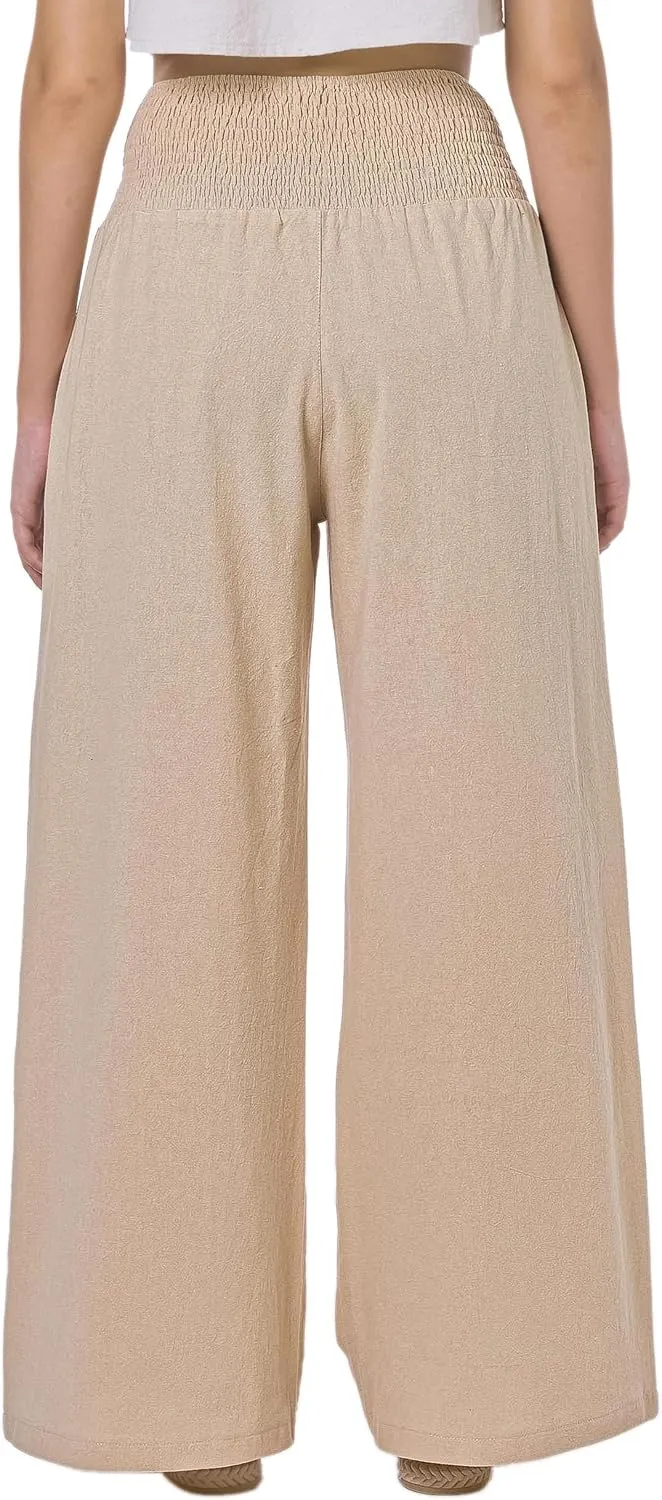 LOFBAZ Women Summer Flowy Cotton Linen Palazzo Wide Leg Pants Beach High Waisted Trousers Boho Long Lounge Pant with Pockets
