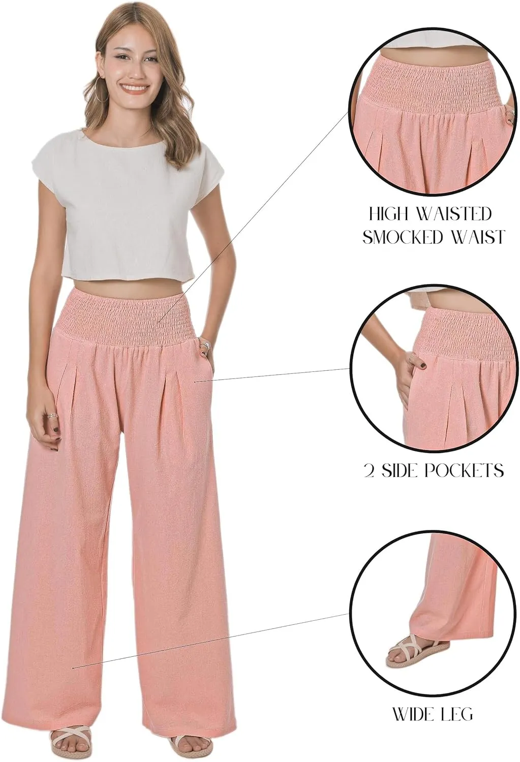 LOFBAZ Women Summer Flowy Cotton Linen Palazzo Wide Leg Pants Beach High Waisted Trousers Boho Long Lounge Pant with Pockets
