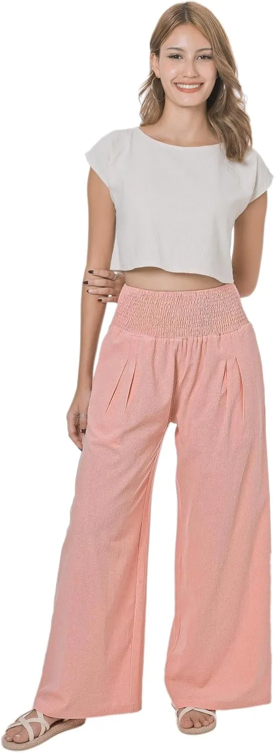LOFBAZ Women Summer Flowy Cotton Linen Palazzo Wide Leg Pants Beach High Waisted Trousers Boho Long Lounge Pant with Pockets