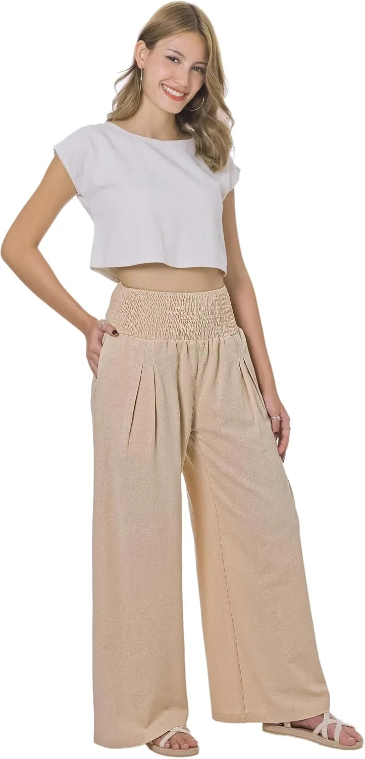 LOFBAZ Women Summer Flowy Cotton Linen Palazzo Wide Leg Pants Beach High Waisted Trousers Boho Long Lounge Pant with Pockets