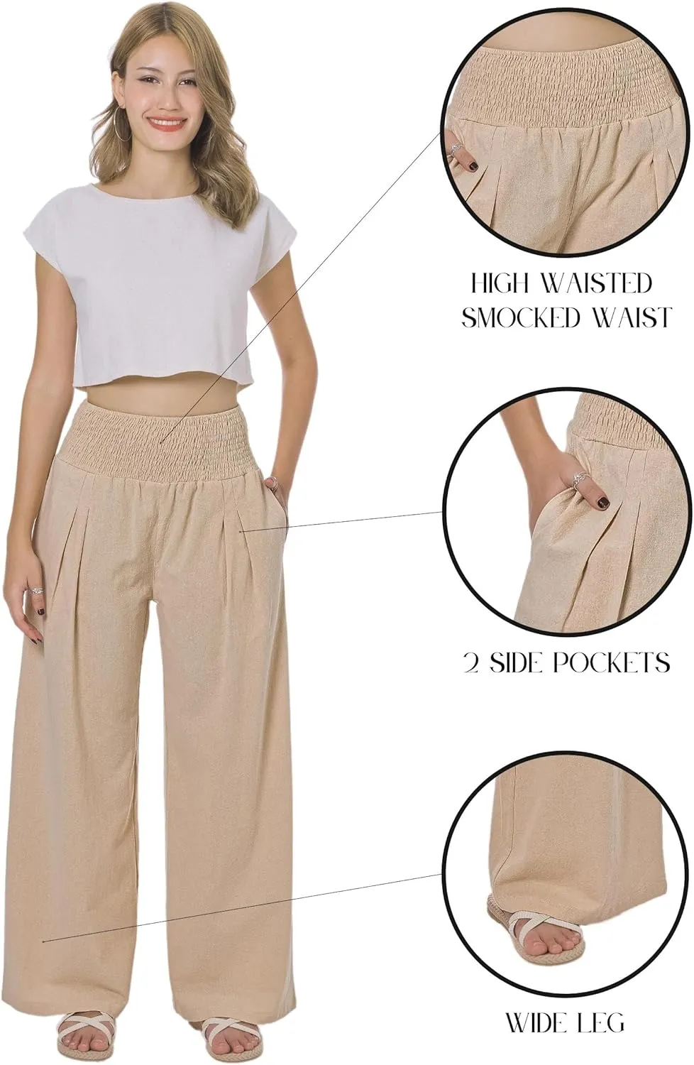 LOFBAZ Women Summer Flowy Cotton Linen Palazzo Wide Leg Pants Beach High Waisted Trousers Boho Long Lounge Pant with Pockets