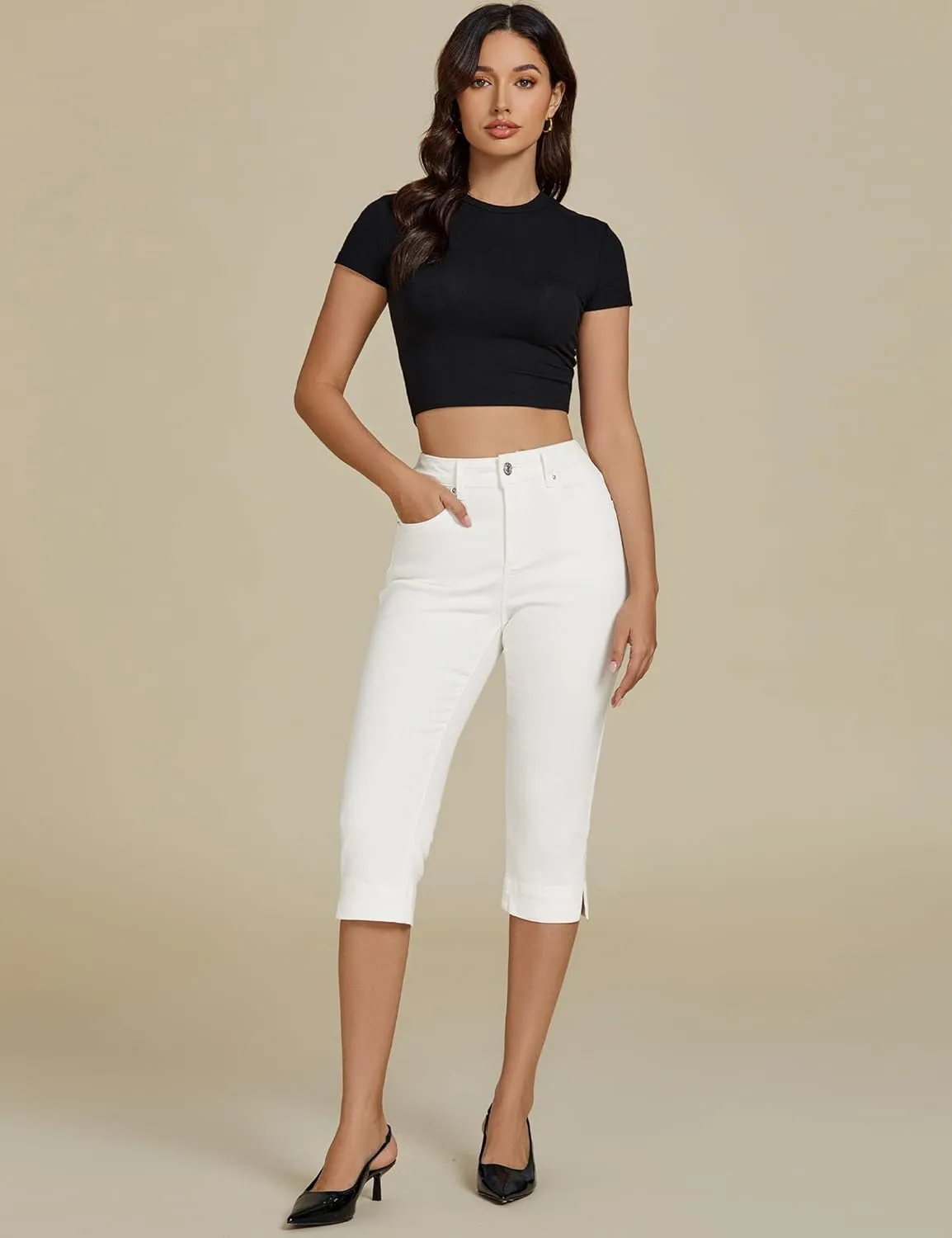 luvamia Capri Jeans for Women Trendy High Waisted Slim Split Hem Stretch Denim Jean Capris Cropped Pants Casual Summer