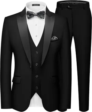 MAGE MALE Men's Slim Fit 3 Piece Suit One Button Solid Shawl Lapel Blazer Jacket Vest Pants Set with Tie Pocket Square