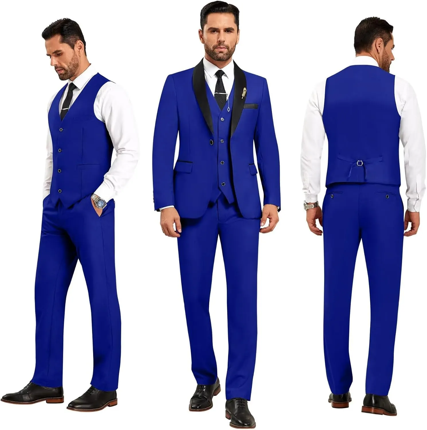 Men's 3 Piece Slim Fit Suit One Button Shawl Lapel Jacket Vest Pants Tuxedo Set with Bow Tie Pocket Square