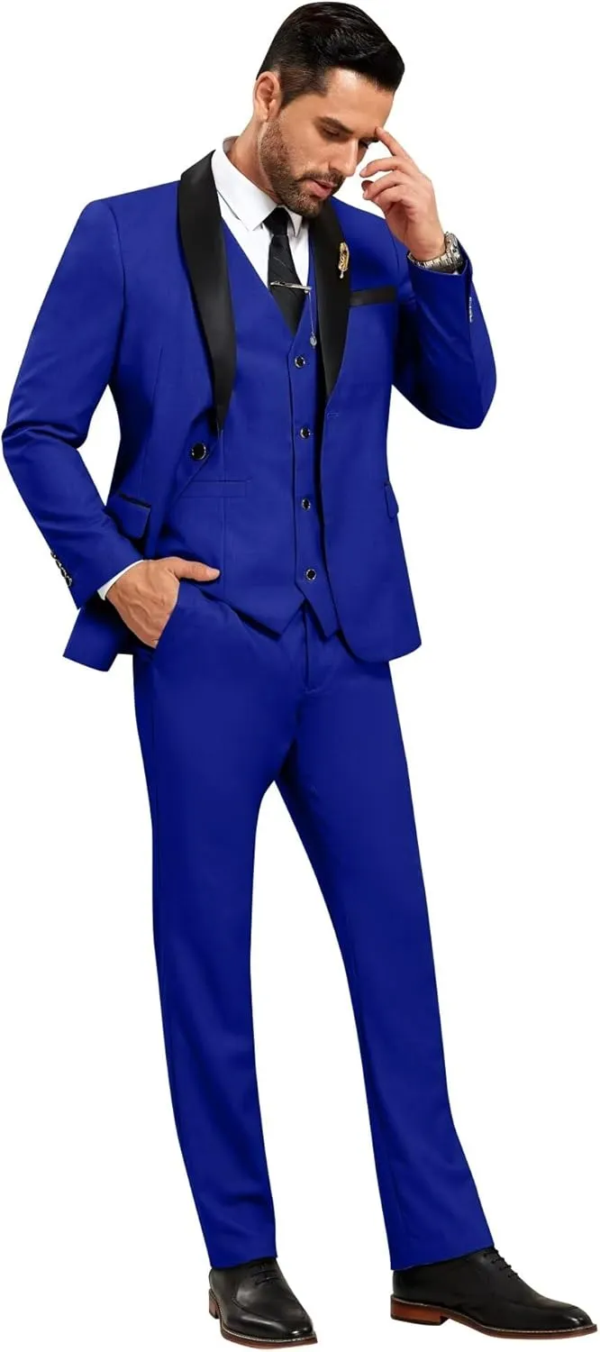 Men's 3 Piece Slim Fit Suit One Button Shawl Lapel Jacket Vest Pants Tuxedo Set with Bow Tie Pocket Square