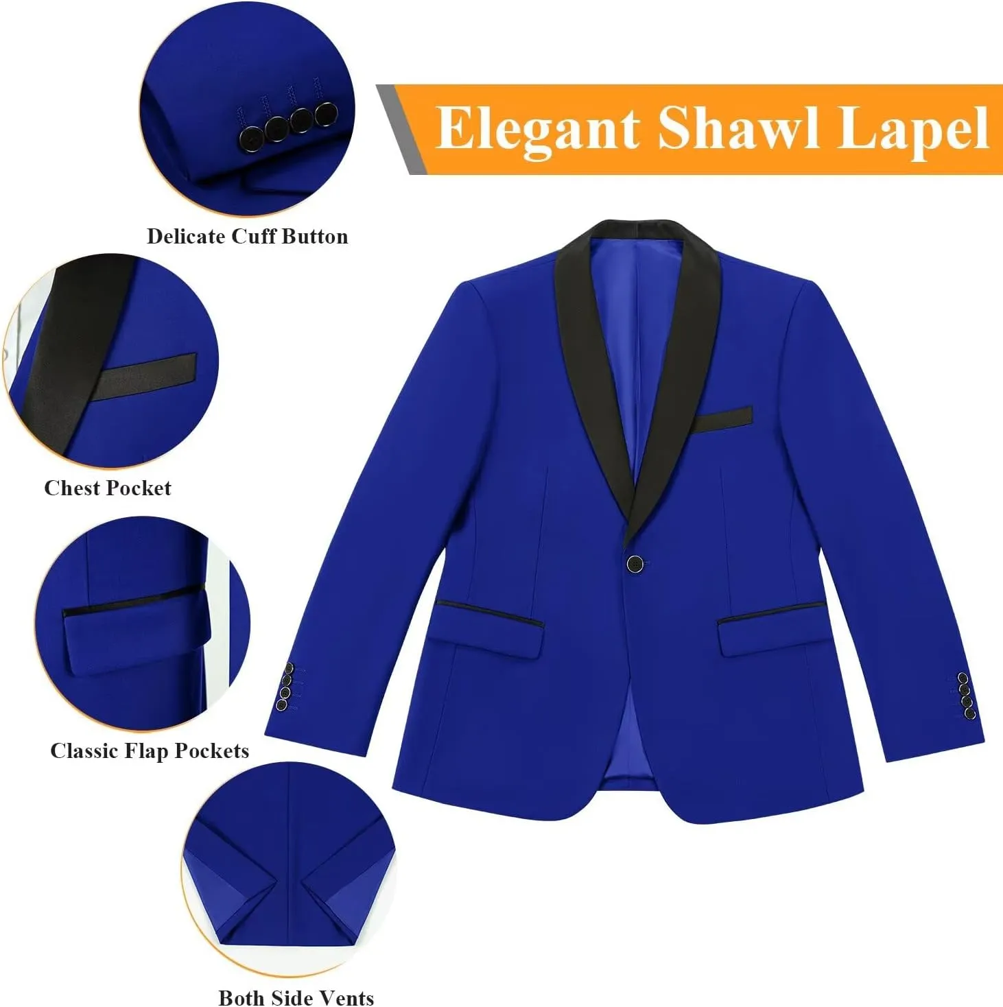 Men's 3 Piece Slim Fit Suit One Button Shawl Lapel Jacket Vest Pants Tuxedo Set with Bow Tie Pocket Square