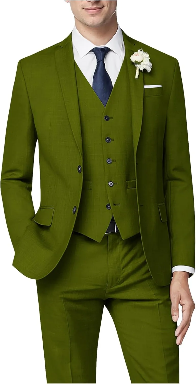 Men's 3 Piece Slim Fit Suit Set, Two Button Blazer Solid Suit Jacket Vest Pants Tuxedo Set for Wedding Prom