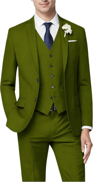 Men's 3 Piece Slim Fit Suit Set, Two Button Blazer Solid Suit Jacket Vest Pants Tuxedo Set for Wedding Prom