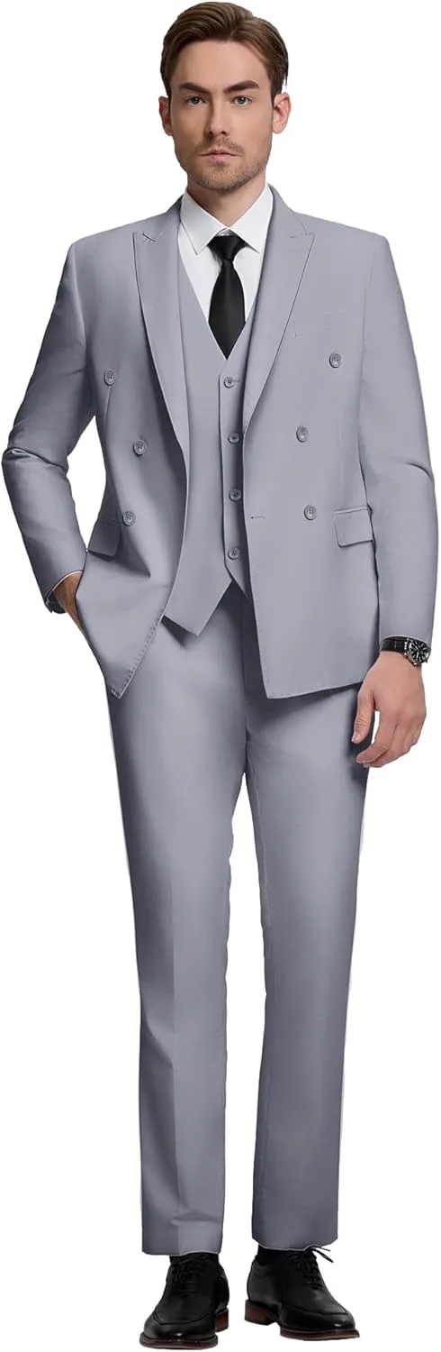 Mens Double Breasted Suit Slim Fit 3 Piece Suit Peak Lapel Solid Blazer Jacket Vest Pant Tuxedo Set for Wedding Business
