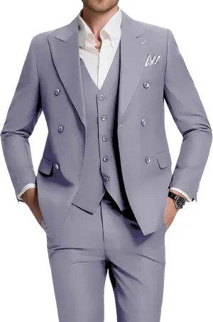 Mens Double Breasted Suit Slim Fit 3 Piece Suit Peak Lapel Solid Blazer Jacket Vest Pant Tuxedo Set for Wedding Business