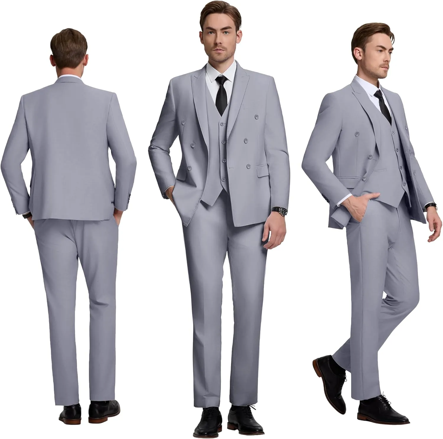 Mens Double Breasted Suit Slim Fit 3 Piece Suit Peak Lapel Solid Blazer Jacket Vest Pant Tuxedo Set for Wedding Business
