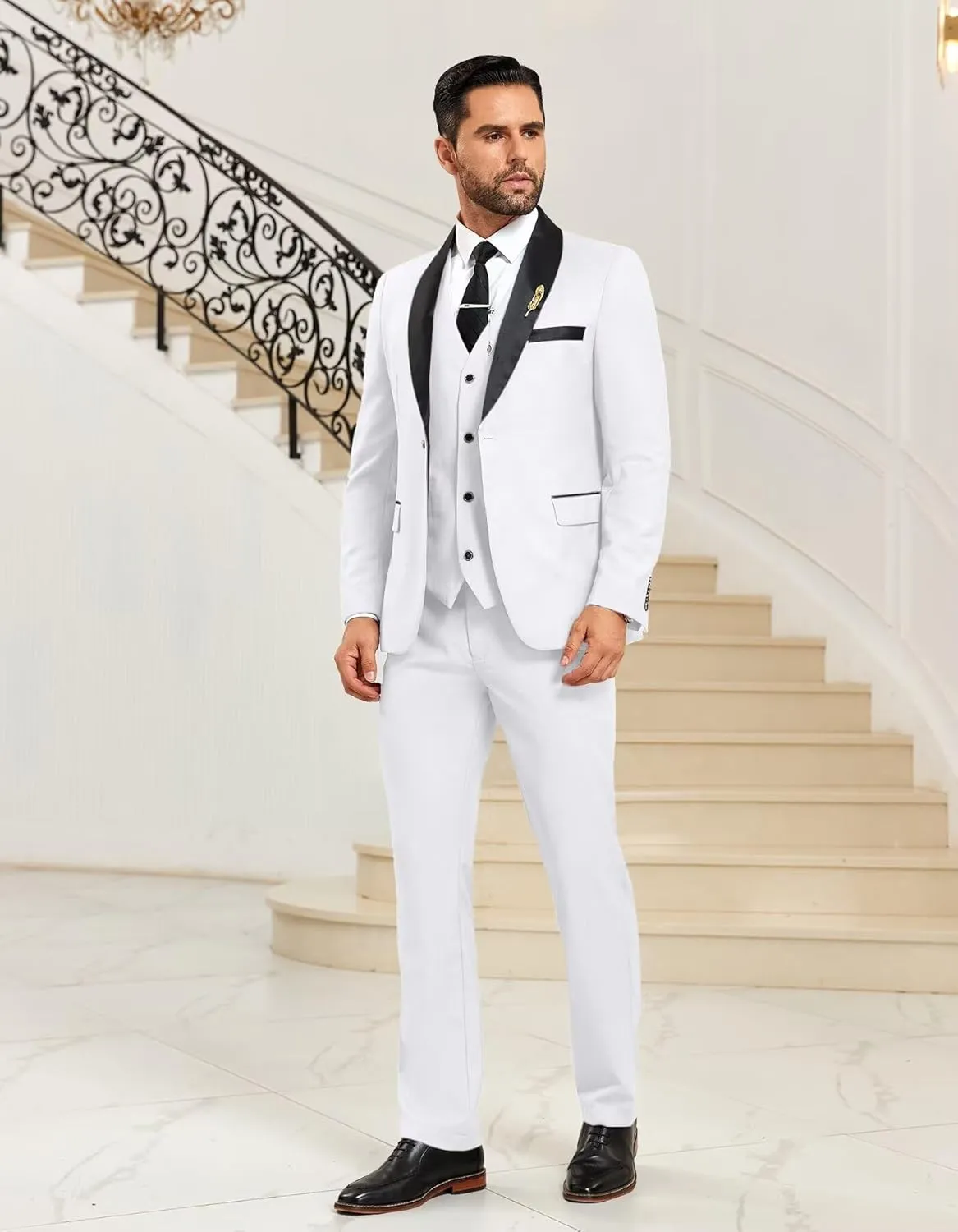 Mens Suit 3 Piece Formal Shawl Lapel Tuxedo for Men Wedding Suits One Button Jacket Vest Pants Set