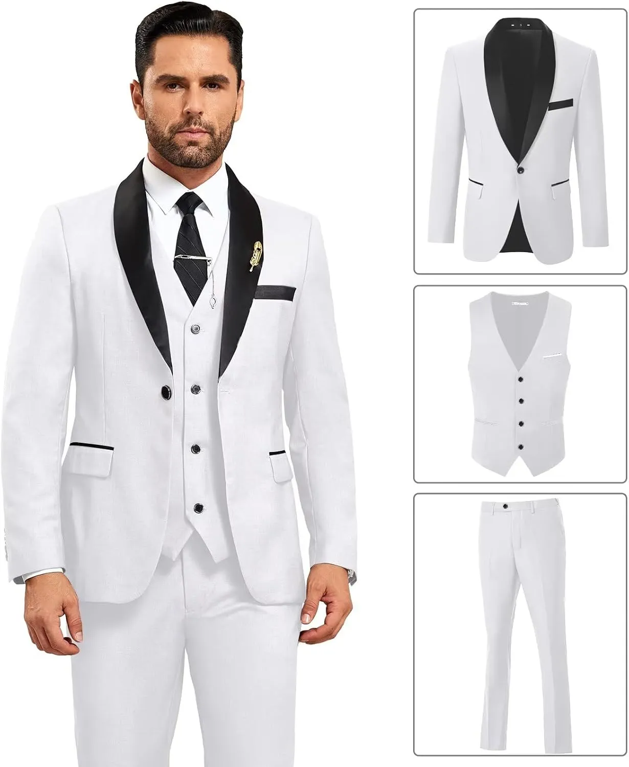Mens Suit 3 Piece Formal Shawl Lapel Tuxedo for Men Wedding Suits One Button Jacket Vest Pants Set