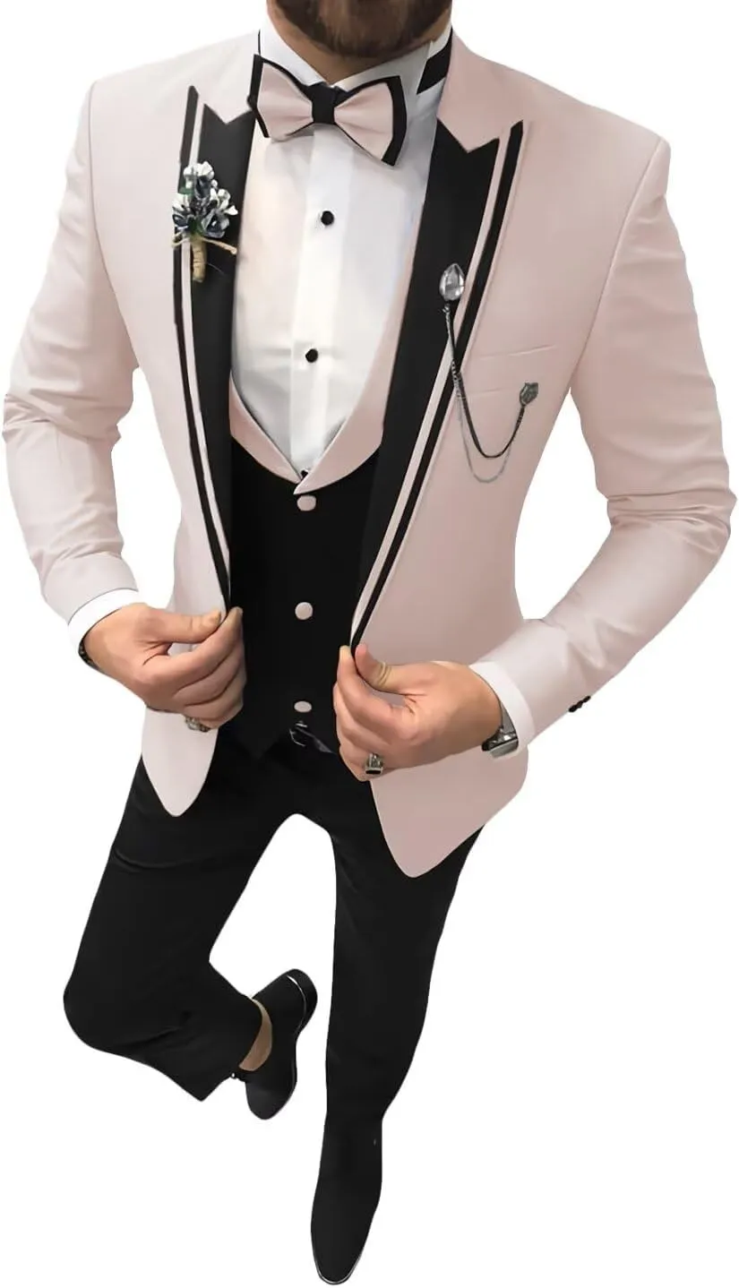 Men's Tuxedo Suit 3 Piece Slim Fit Tuxedo for Men Wedding Suit Prom Tuxedo Suit with Tie Blazer Vest Pants Set