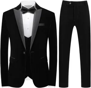 Mens Velvet 3 Piece Suits Slim Fit Peaked Lapel One Button Tuxedo Dinner Jacket Vest Pants Suit Set