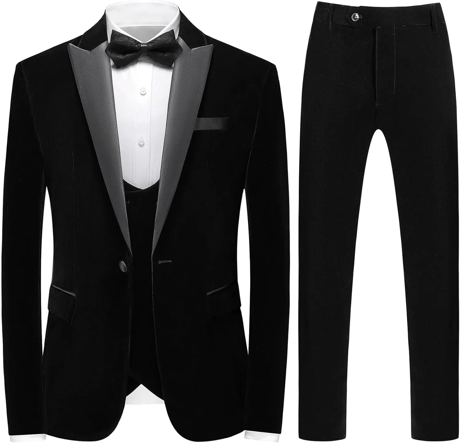 Mens Velvet 3 Piece Suits Slim Fit Peaked Lapel One Button Tuxedo Dinner Jacket Vest Pants Suit Set