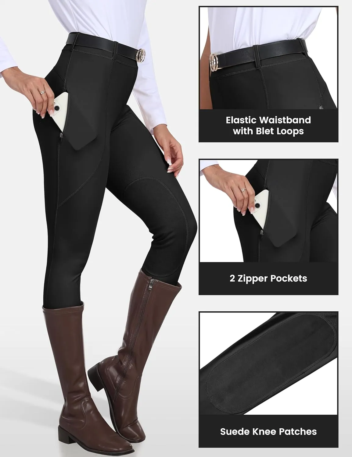 MoFiz Women's Horse Riding Pants Full Seat Silicon Knee-Patch Equestrian Breeches Horseback Schooling Tights Zipper Pockets