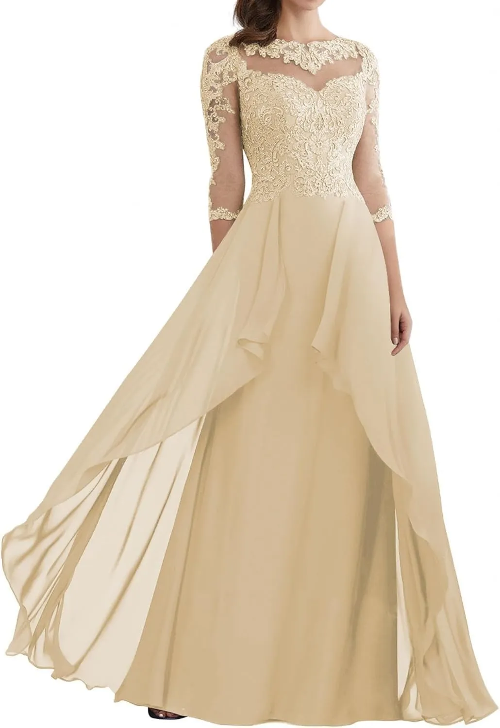 Mother of The Bride Dresses for Wedding A Line Half Sleeve Long Chiffon Lace Appliques Formal Evening Dress