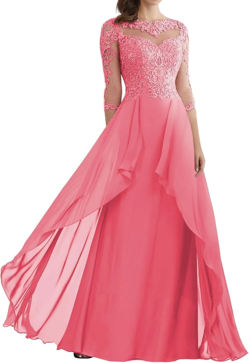 Mother of The Bride Dresses for Wedding A Line Half Sleeve Long Chiffon Lace Appliques Formal Evening Dress