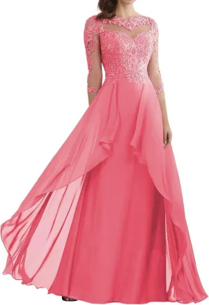 Mother of The Bride Dresses for Wedding A Line Half Sleeve Long Chiffon Lace Appliques Formal Evening Dress