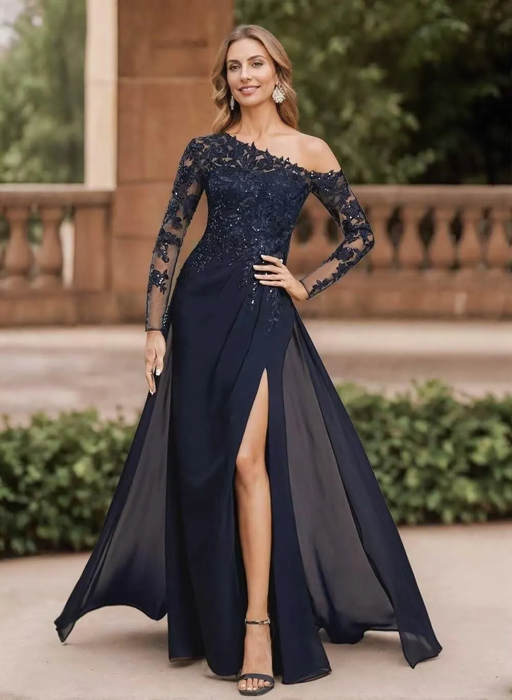 Mother of The Bride Dresses for Wedding Mermaid Chiffon Lace Sequin Formal Evening Dress with Slit